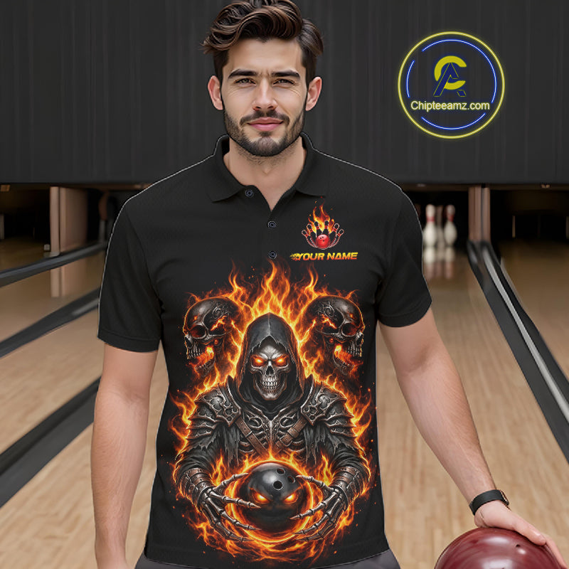 Personalized Bowling Jersey Custom Name Orange Grim Reaper Skull Bowling Polo Shirt Gift
