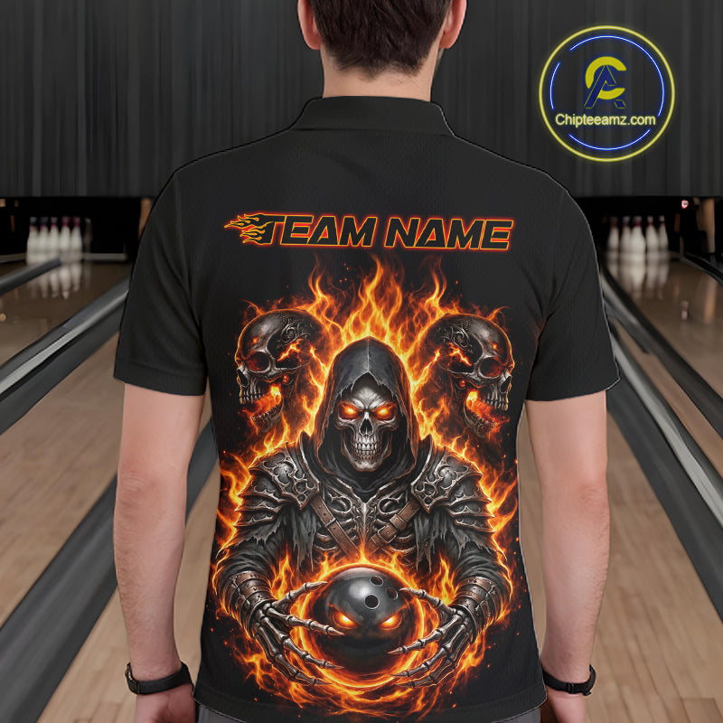 Personalized Bowling Jersey Custom Name Orange Grim Reaper Skull Bowling Polo Shirt Gift