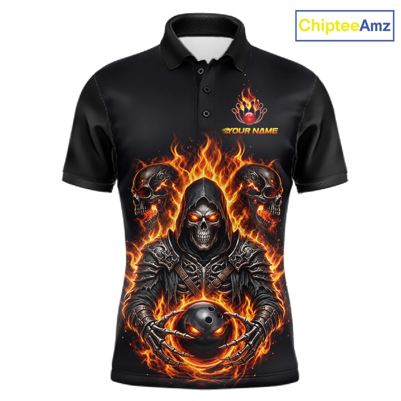 Personalized Bowling Jersey Custom Name Orange Grim Reaper Skull Bowling Polo Shirt Gift