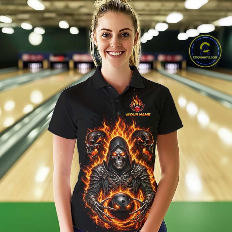 Personalized Bowling Jersey Custom Name Orange Grim Reaper Skull Bowling Polo Shirt Gift