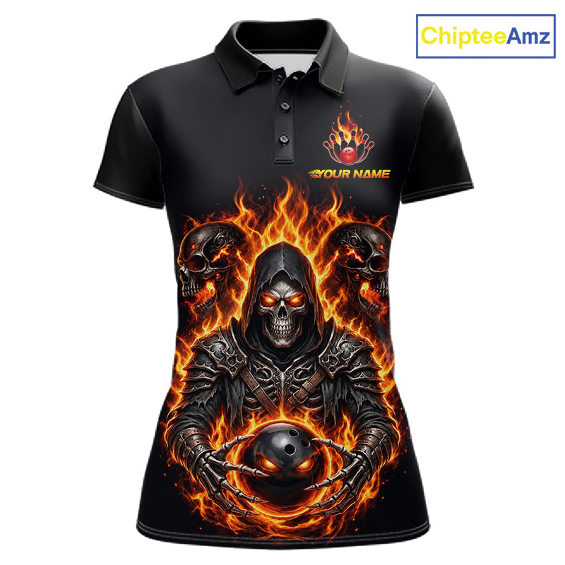 Personalized Bowling Jersey Custom Name Orange Grim Reaper Skull Bowling Polo Shirt Gift