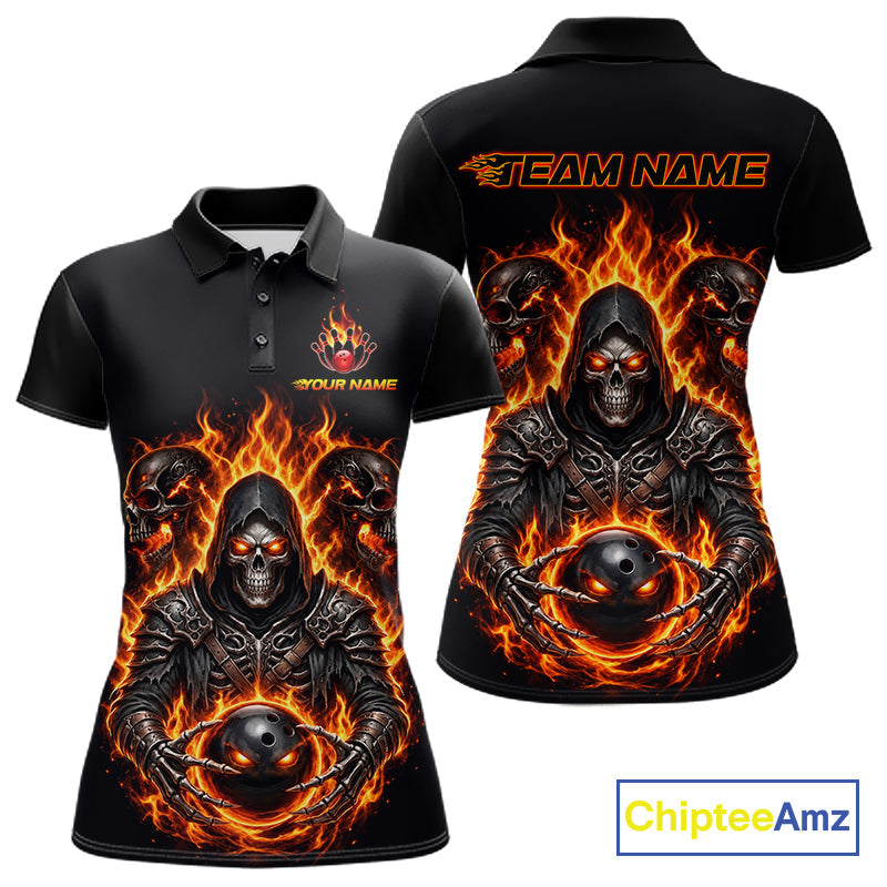 Personalized Bowling Jersey Custom Name Orange Grim Reaper Skull Bowling Polo Shirt Gift