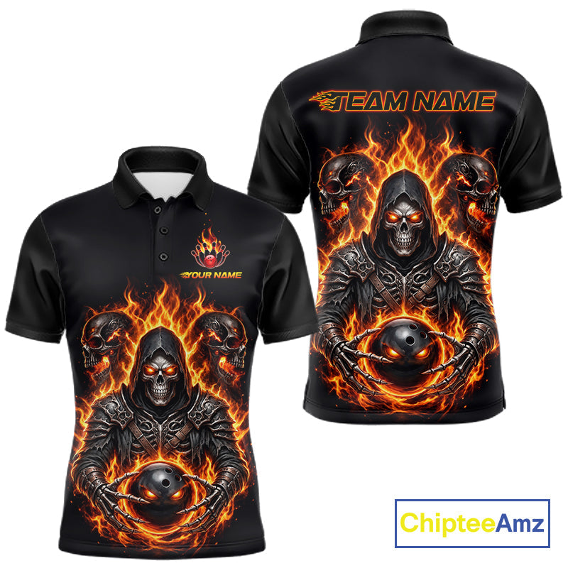 Personalized Bowling Jersey Custom Name Orange Grim Reaper Skull Bowling Polo Shirt Gift