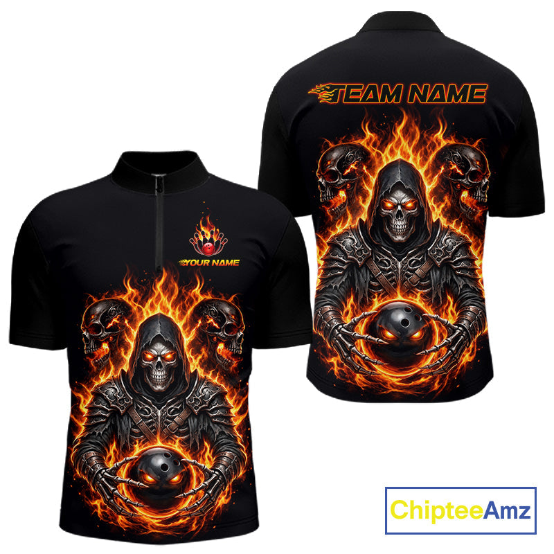 Personalized Bowling Jersey Custom Name Orange Grim Reaper Skull Bowling Polo Shirt Gift