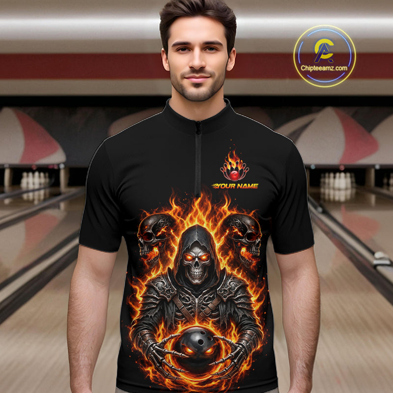 Personalized Bowling Jersey Custom Name Orange Grim Reaper Skull Bowling Polo Shirt Gift