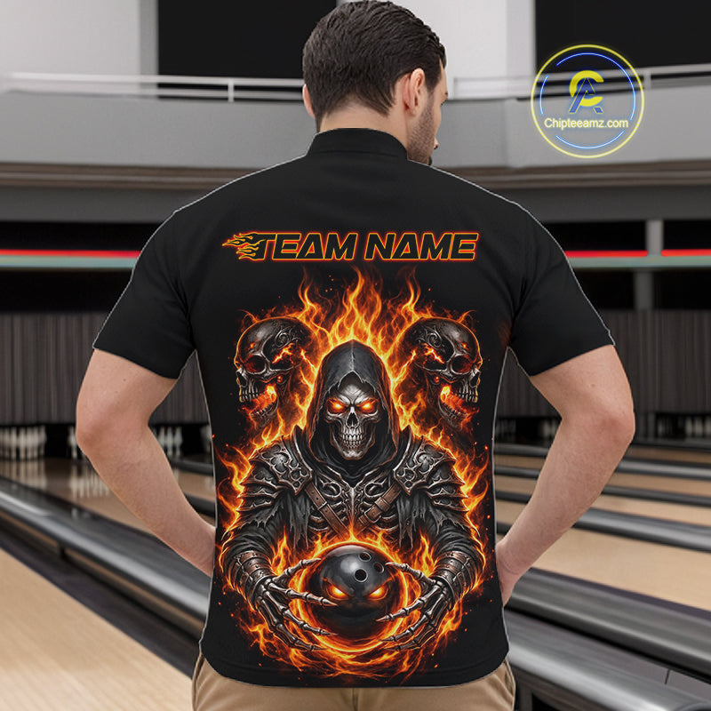 Personalized Bowling Jersey Custom Name Orange Grim Reaper Skull Bowling Polo Shirt Gift