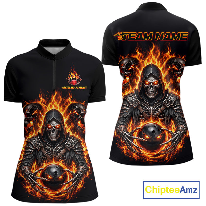 Personalized Bowling Jersey Custom Name Orange Grim Reaper Skull Bowling Polo Shirt Gift