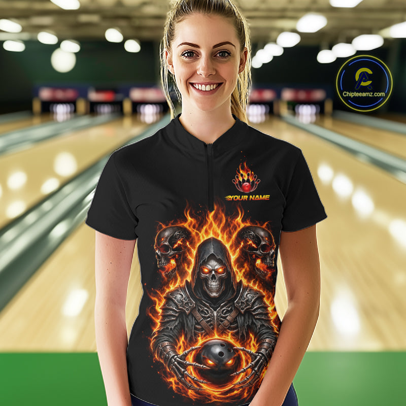 Personalized Bowling Jersey Custom Name Orange Grim Reaper Skull Bowling Polo Shirt Gift