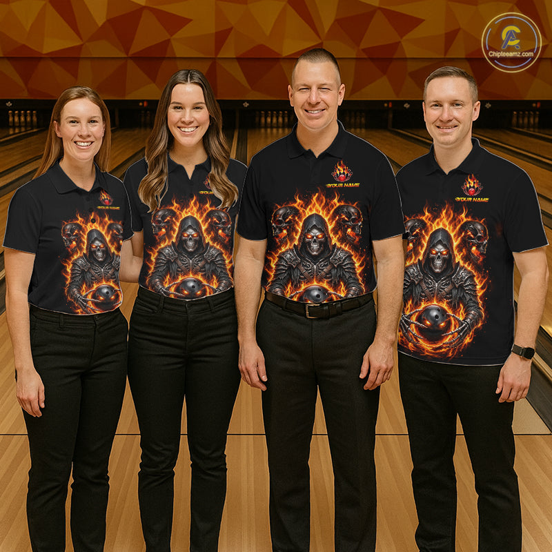 Personalized Bowling Jersey Custom Name Orange Grim Reaper Skull Bowling Polo Shirt Gift