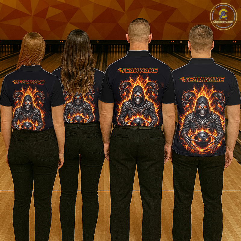 Personalized Bowling Jersey Custom Name Orange Grim Reaper Skull Bowling Polo Shirt Gift