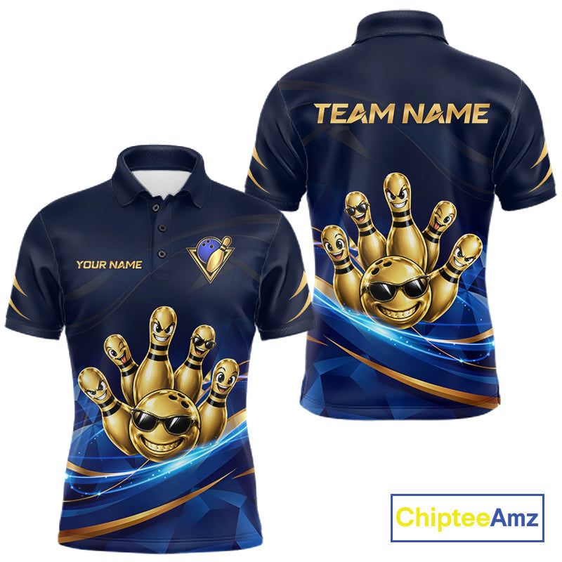 Gold Bowling Pins Ball Sunglasses Polo Shirt Custom Navy Blue Team Tournament Jersey
