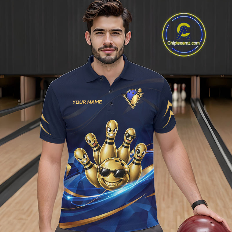 Gold Bowling Pins Ball Sunglasses Polo Shirt Custom Navy Blue Team Tournament Jersey