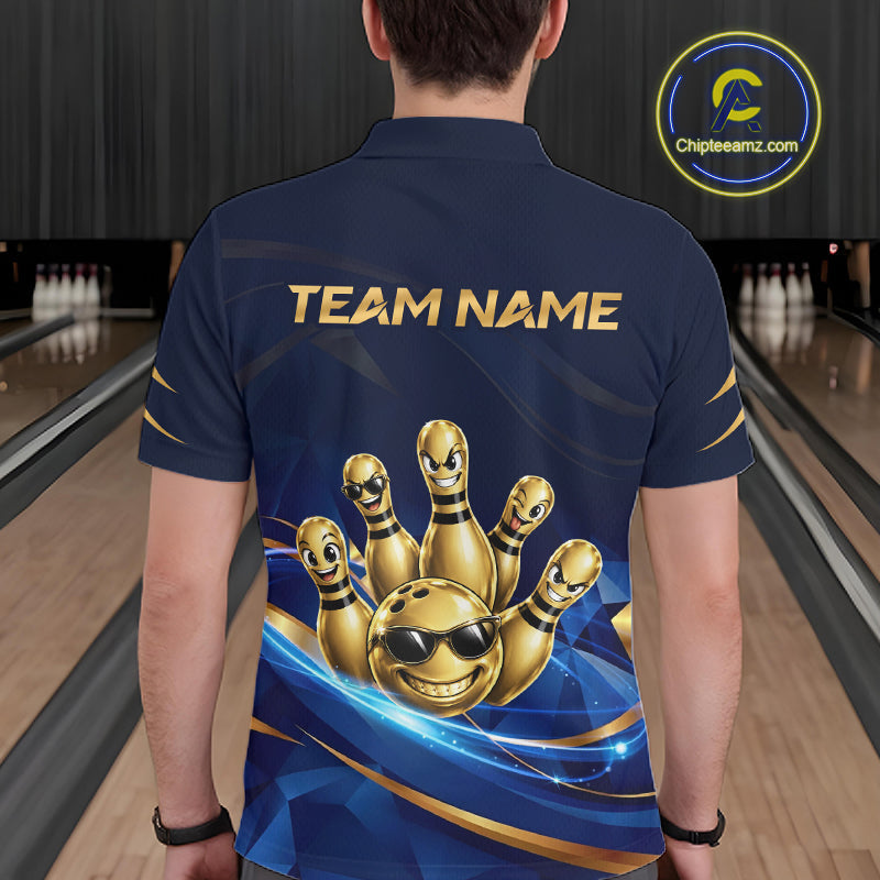 Gold Bowling Pins Ball Sunglasses Polo Shirt Custom Navy Blue Team Tournament Jersey