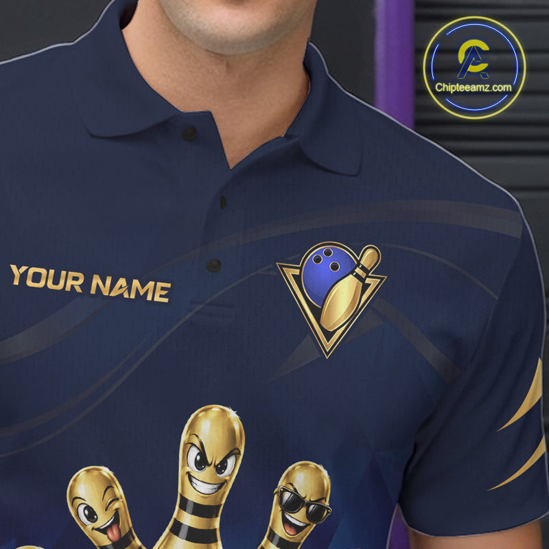 Gold Bowling Pins Ball Sunglasses Polo Shirt Custom Navy Blue Team Tournament Jersey