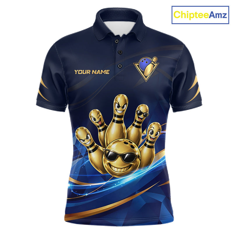 Gold Bowling Pins Ball Sunglasses Polo Shirt Custom Navy Blue Team Tournament Jersey