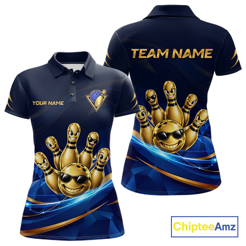 Gold Bowling Pins Ball Sunglasses Polo Shirt Custom Navy Blue Team Tournament Jersey