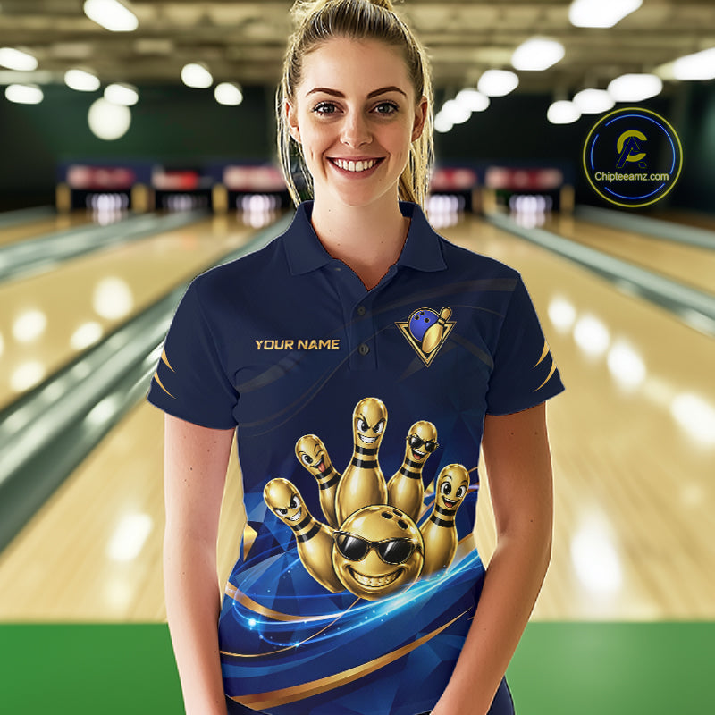 Gold Bowling Pins Ball Sunglasses Polo Shirt Custom Navy Blue Team Tournament Jersey