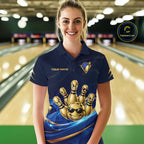 Gold Bowling Pins Ball Sunglasses Polo Shirt Custom Navy Blue Team Tournament Jersey