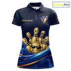 Gold Bowling Pins Ball Sunglasses Polo Shirt Custom Navy Blue Team Tournament Jersey