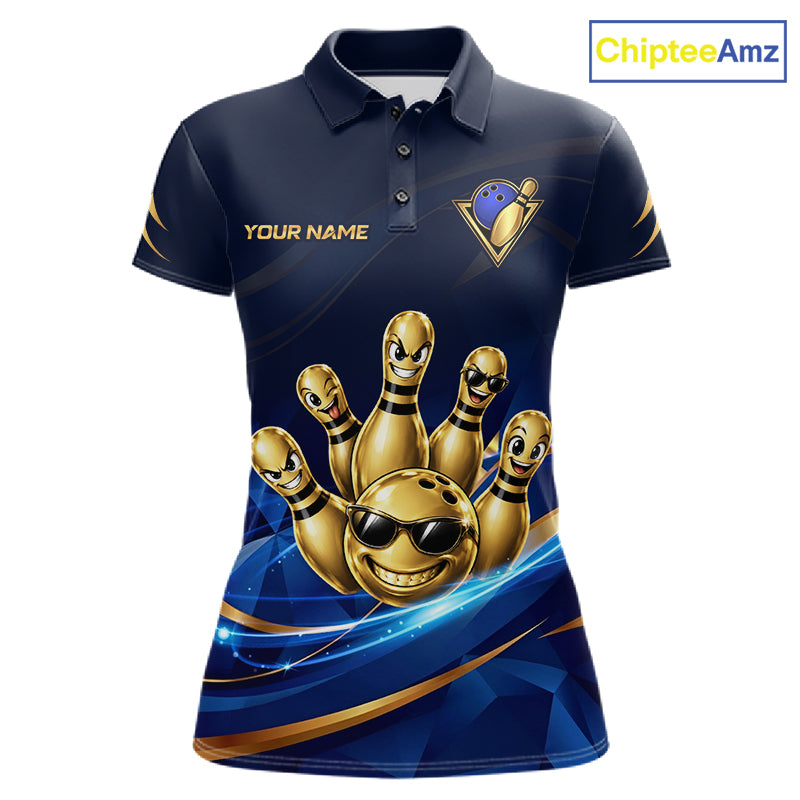 Gold Bowling Pins Ball Sunglasses Polo Shirt Custom Navy Blue Team Tournament Jersey