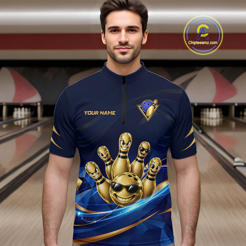 Gold Bowling Pins Ball Sunglasses Polo Shirt Custom Navy Blue Team Tournament Jersey