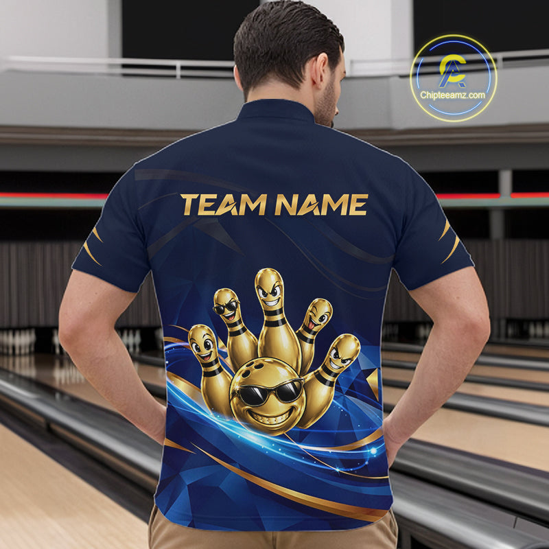 Gold Bowling Pins Ball Sunglasses Polo Shirt Custom Navy Blue Team Tournament Jersey