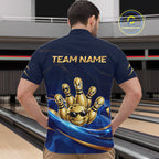 Gold Bowling Pins Ball Sunglasses Polo Shirt Custom Navy Blue Team Tournament Jersey