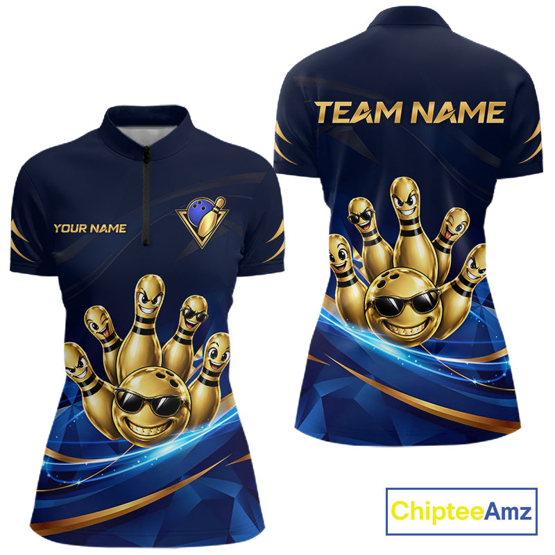 Gold Bowling Pins Ball Sunglasses Polo Shirt Custom Navy Blue Team Tournament Jersey