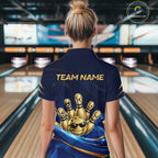 Gold Bowling Pins Ball Sunglasses Polo Shirt Custom Navy Blue Team Tournament Jersey