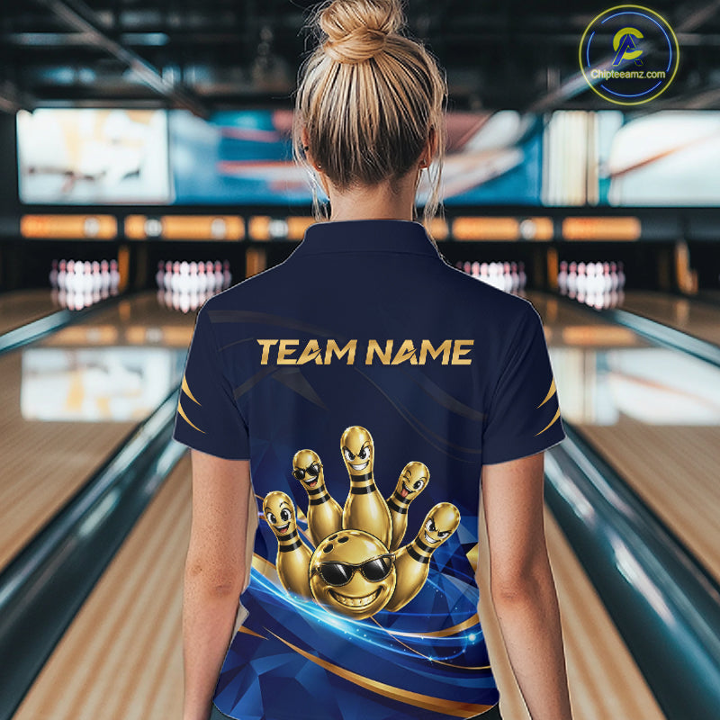 Gold Bowling Pins Ball Sunglasses Polo Shirt Custom Navy Blue Team Tournament Jersey