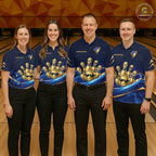 Gold Bowling Pins Ball Sunglasses Polo Shirt Custom Navy Blue Team Tournament Jersey