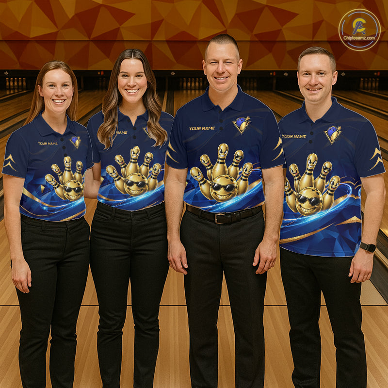 Gold Bowling Pins Ball Sunglasses Polo Shirt Custom Navy Blue Team Tournament Jersey