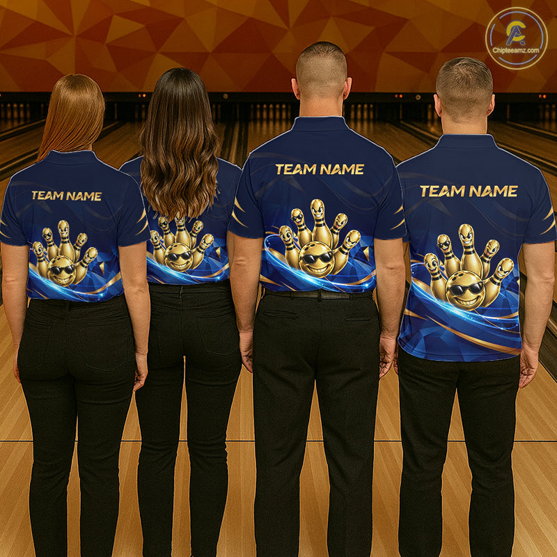 Gold Bowling Pins Ball Sunglasses Polo Shirt Custom Navy Blue Team Tournament Jersey