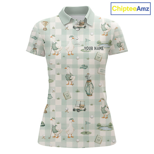 Personalized Goose Golf Polo Shirt Custom Name Team Shirt Green Plaid Golf Lover Gift