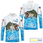 Blue Largemouth Bass Fishing Shirt Custom US Flag Blue Ocean Sports Long Sleeve Hooded Jersey