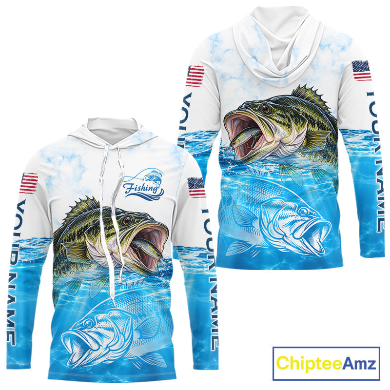 Blue Largemouth Bass Fishing Shirt Custom US Flag Blue Ocean Sports Long Sleeve Hooded Jersey