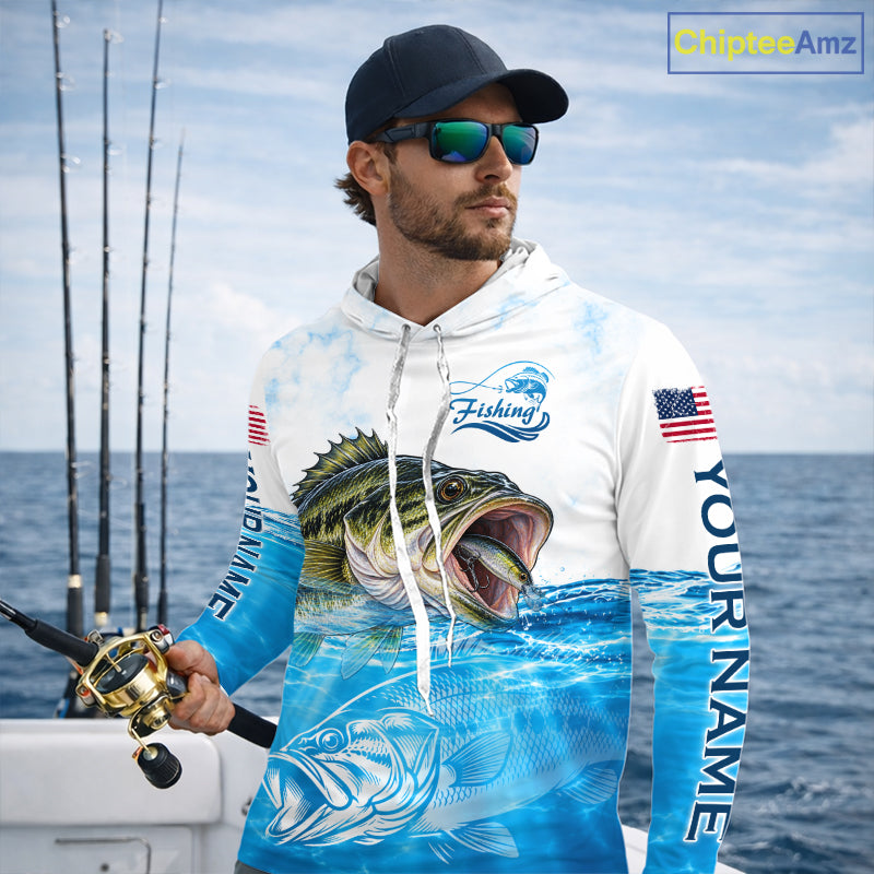 Blue Largemouth Bass Fishing Shirt Custom US Flag Blue Ocean Sports Long Sleeve Hooded Jersey