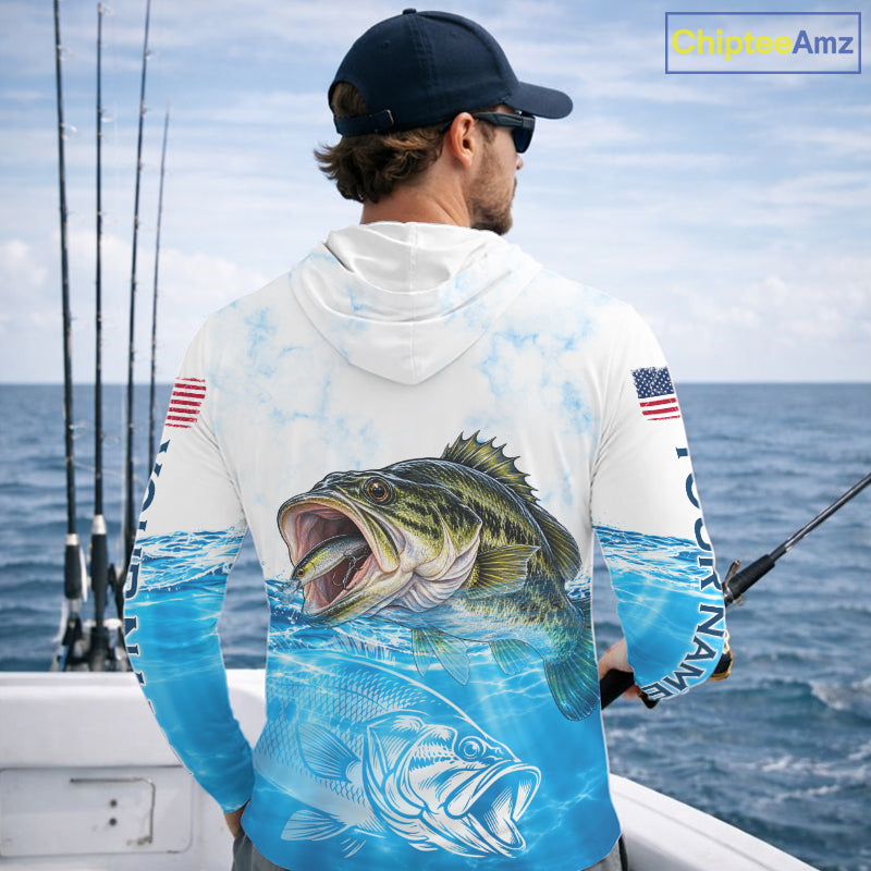 Blue Largemouth Bass Fishing Shirt Custom US Flag Blue Ocean Sports Long Sleeve Hooded Jersey