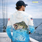 Blue Largemouth Bass Fishing Shirt Custom US Flag Blue Ocean Sports Long Sleeve Hooded Jersey
