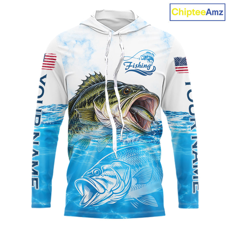 Blue Largemouth Bass Fishing Shirt Custom US Flag Blue Ocean Sports Long Sleeve Hooded Jersey