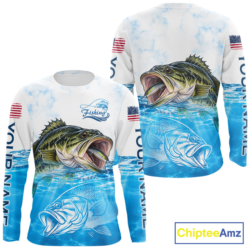 Blue Largemouth Bass Fishing Shirt Custom US Flag Blue Ocean Sports Long Sleeve Jersey