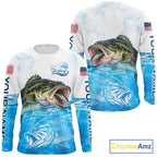 Blue Largemouth Bass Fishing Shirt Custom US Flag Blue Ocean Sports Long Sleeve Jersey