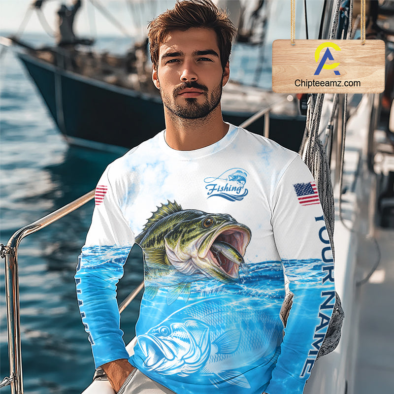 Blue Largemouth Bass Fishing Shirt Custom US Flag Blue Ocean Sports Long Sleeve Jersey