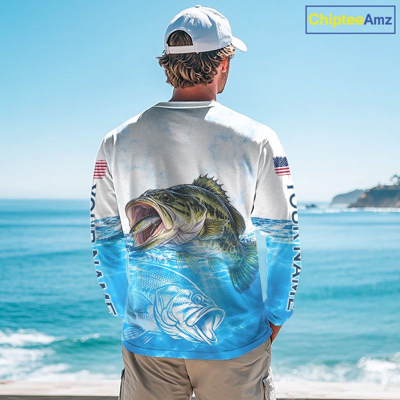Blue Largemouth Bass Fishing Shirt Custom US Flag Blue Ocean Sports Long Sleeve Jersey