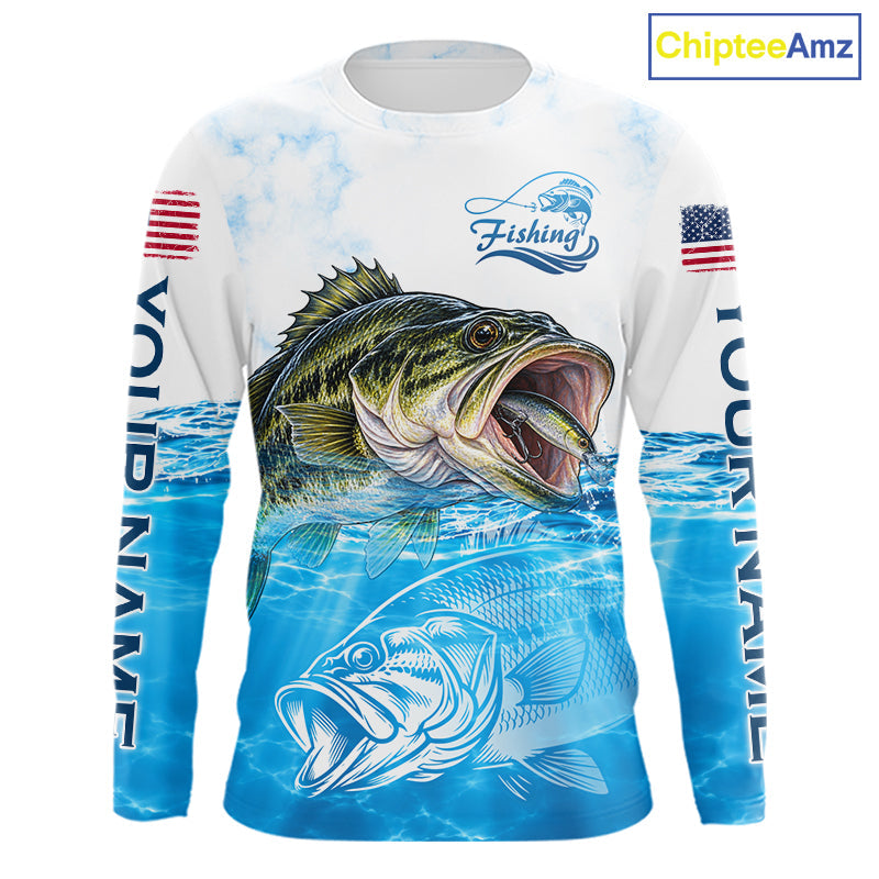 Blue Largemouth Bass Fishing Shirt Custom US Flag Blue Ocean Sports Long Sleeve Jersey
