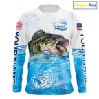 Blue Largemouth Bass Fishing Shirt Custom US Flag Blue Ocean Sports Long Sleeve Jersey