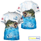 Blue Largemouth Bass Fishing Shirt Custom US Flag Blue Ocean Sports Short Sleeve Jersey
