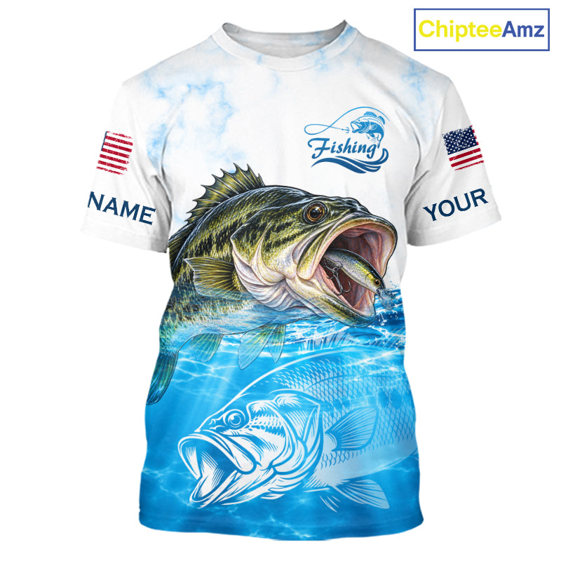 Blue Largemouth Bass Fishing Shirt Custom US Flag Blue Ocean Sports Short Sleeve Jersey