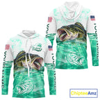 Green Largemouth Bass Fishing Shirt Custom US Flag Blue Ocean Sports Long Sleeve Hooded Jersey