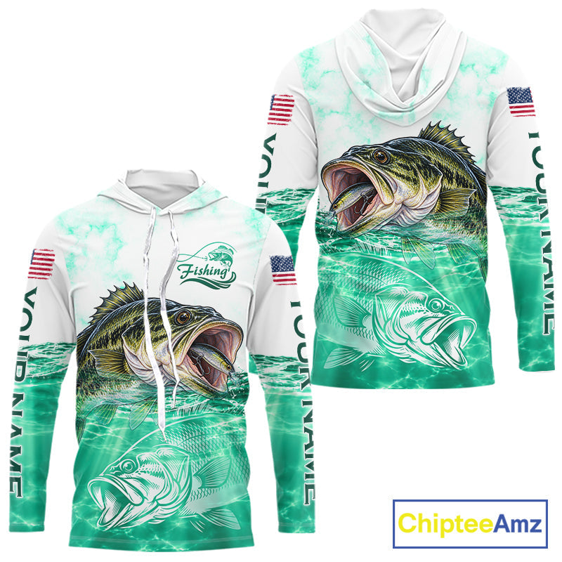 Green Largemouth Bass Fishing Shirt Custom US Flag Blue Ocean Sports Long Sleeve Hooded Jersey